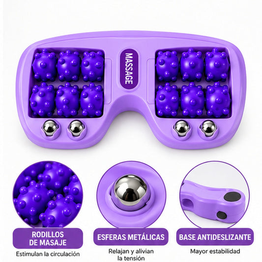 Detalle de rodillos del masajeador de pies morado