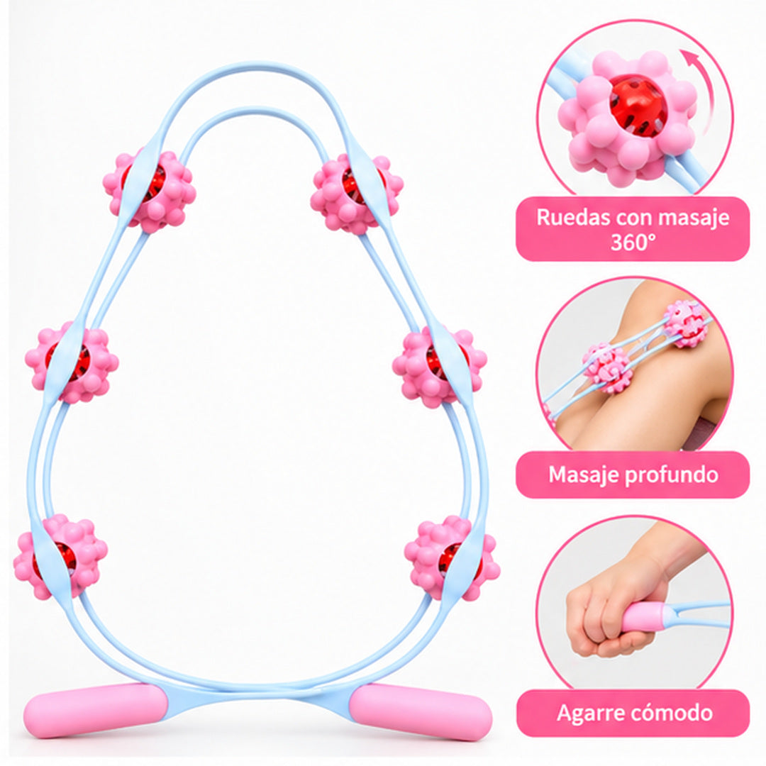 Masajeador manual flexible azul y rosa con rodillos para distintas zonas