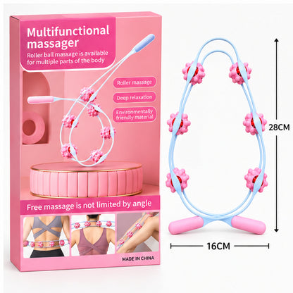 Masajeador multifuncional azul y rosado con empaque y medidas 28 por 16 centímetros