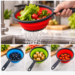 Colador plegable rojo en uso con alimentos, colores disponibles