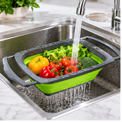 Colador silicona plegable grande verde gris en fregadero lavando verduras