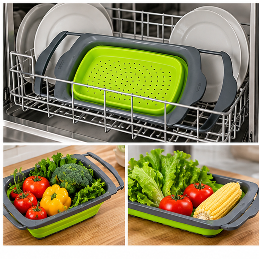 Colador grande plegable en cocina y almacenamiento ilustrativo
