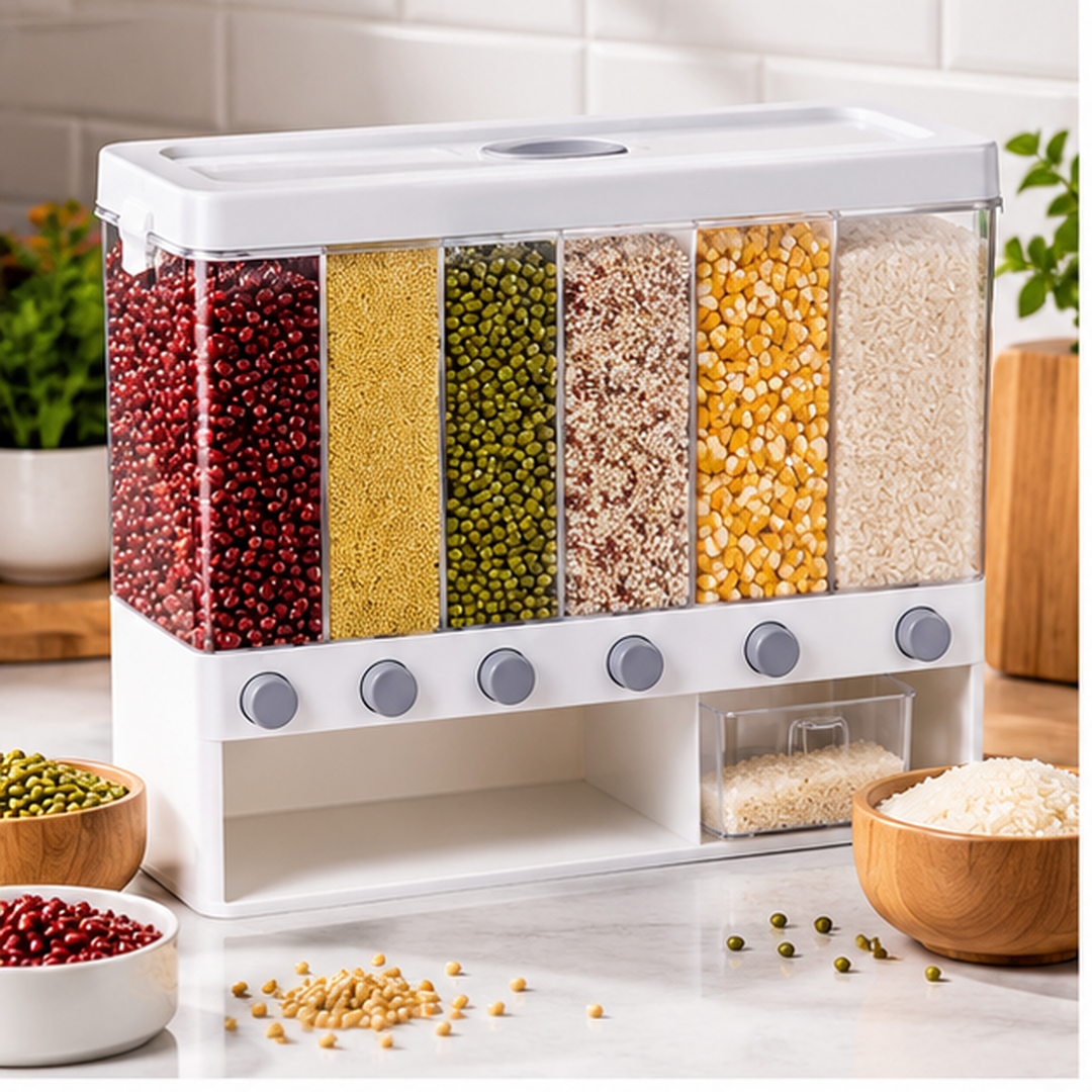 Dispensador de alimentos de seis puestos ambientado con granos