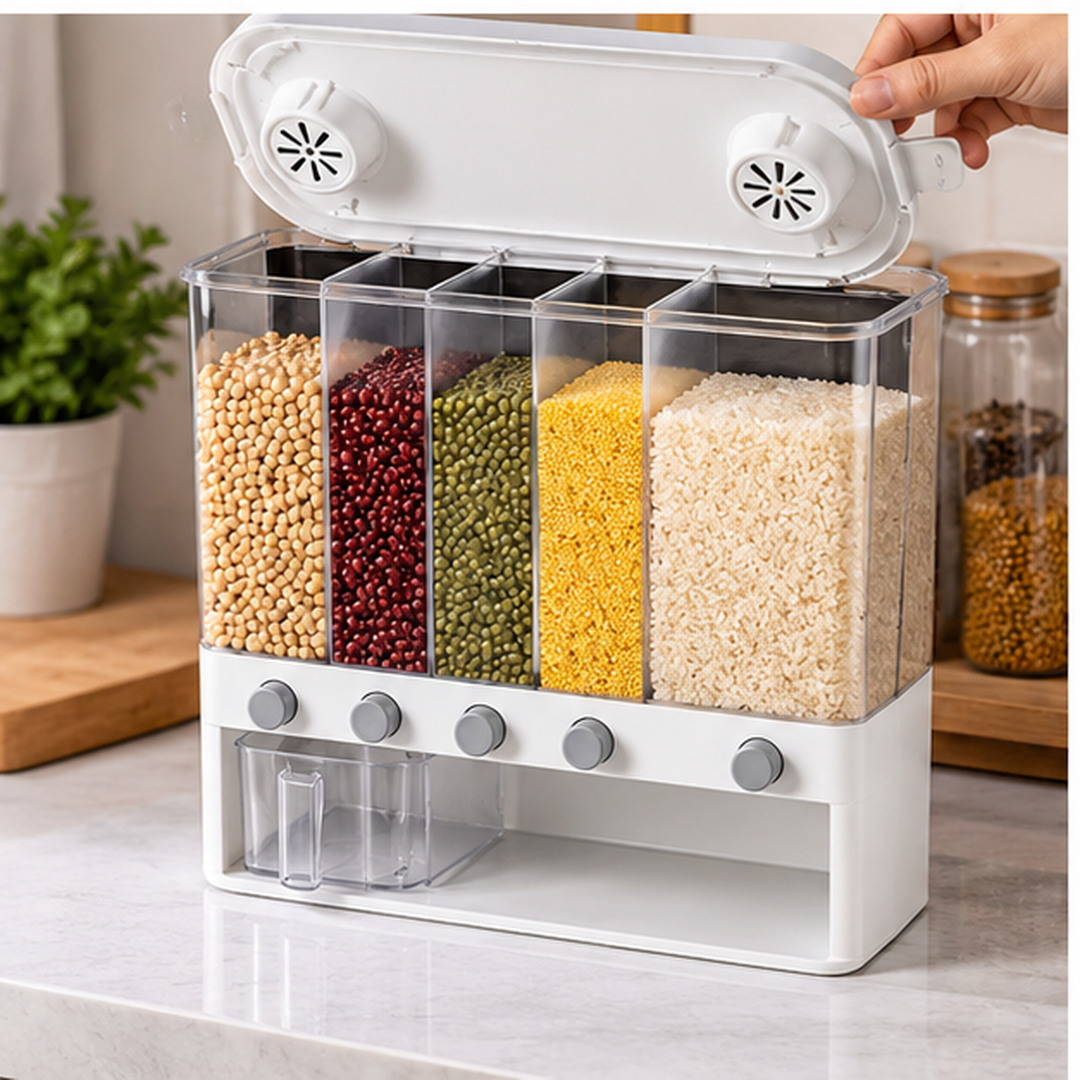 Dispensador de alimentos con compartimentos y tapa abierta