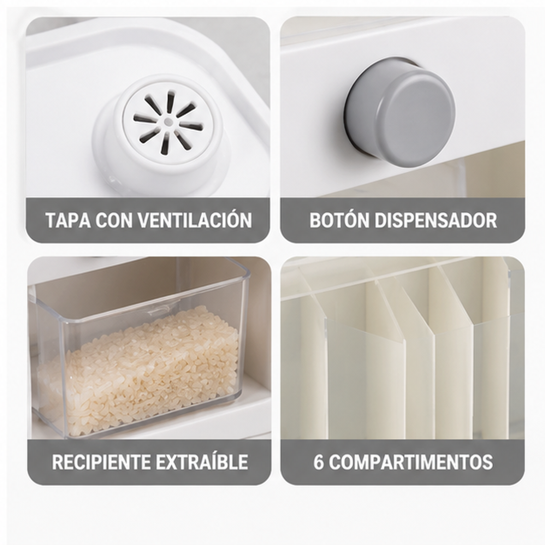 Diagrama de detalles del dispensador, tapa, botón y compartimentos