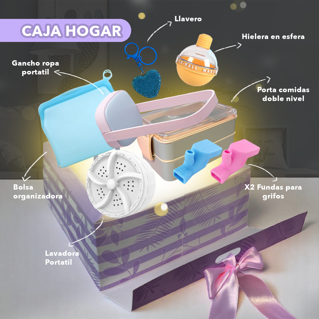 Infografía de la Caja Hogar Mamás con artículos de cocina y organización; los colores ilustrados pueden variar.