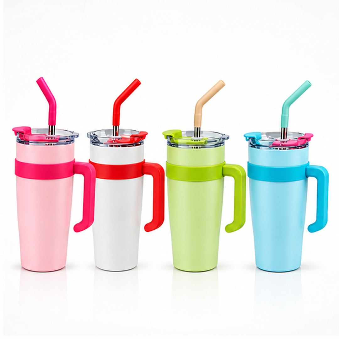 Termos Stanly con pitillo y asa en colores rosa, blanco, verde y azul