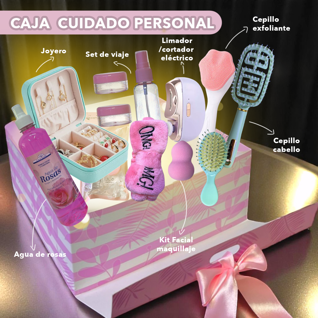 Caja de cuidado personal para mamá con artículos de belleza y accesorios, vista del contenido.