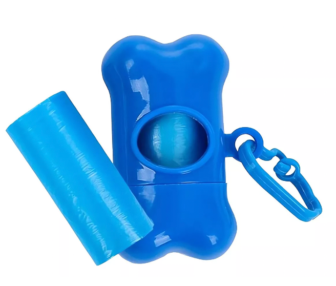 Dispensador de bolsas azul abierto con rollo y gancho para correa