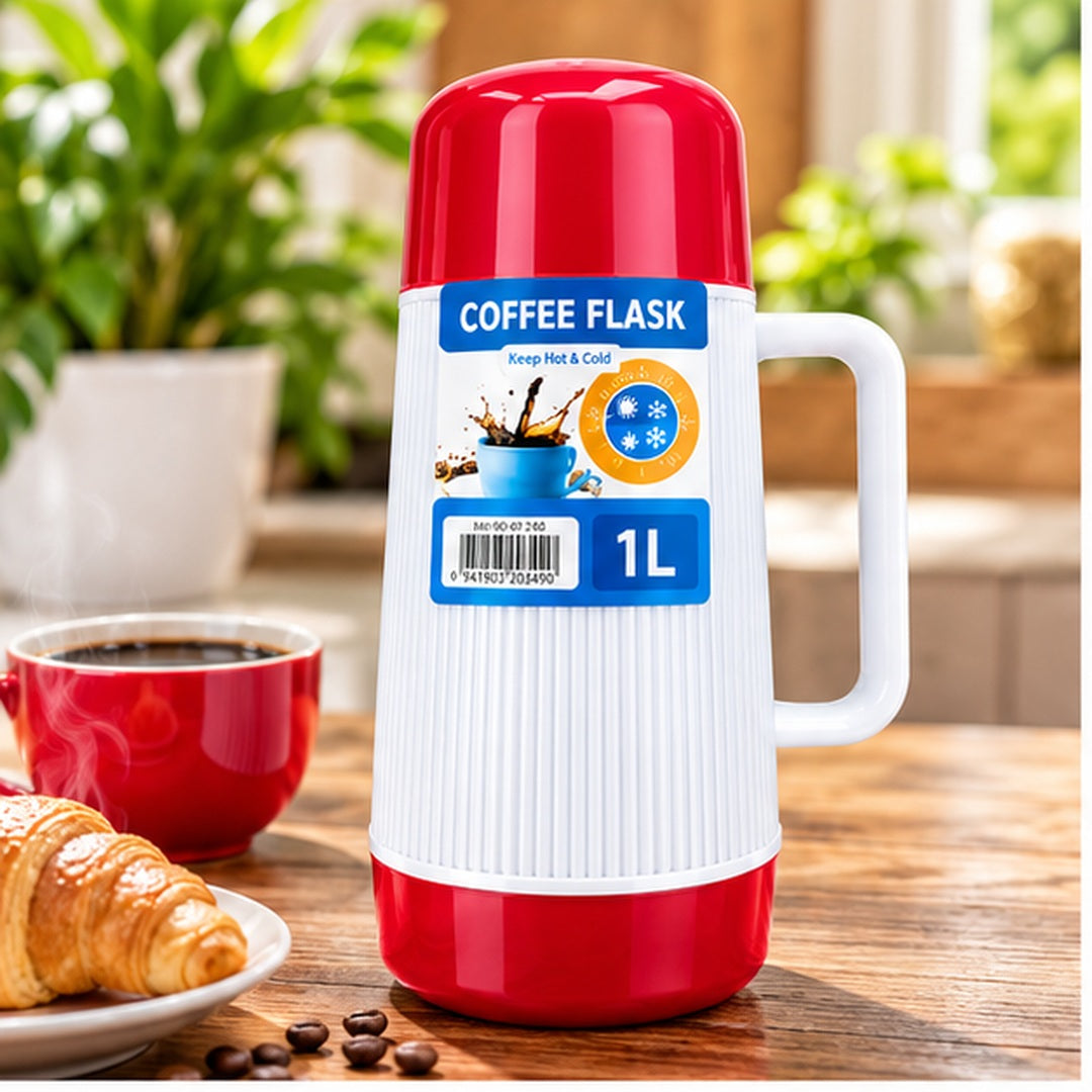 Termo cafetero de 1 litro rojo en una mesa de desayuno