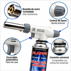 Detalle del soplete blanco FLOPPI: boquilla, encendido y control de llama