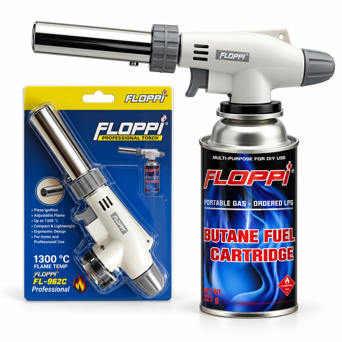 Soplete blanco FLOPPI con cartucho de butano y empaque marcado FL-962C