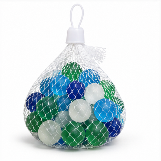 Bolsa de malla con 40 canicas de cristal opacas en colores surtidos