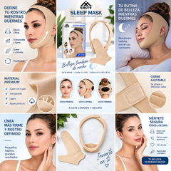 Infografía de mentonera facial beige con opciones de ajuste y beneficios destacados