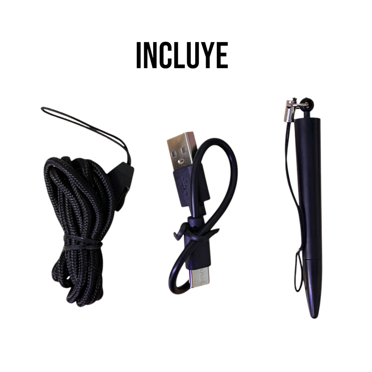 Gráfica de accesorios mostrados junto al tarro hermético, incluido cable USB