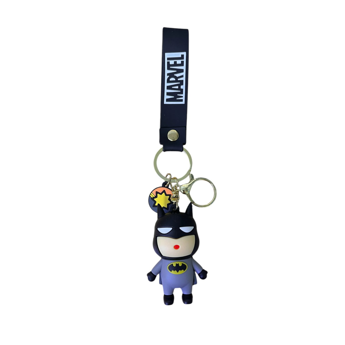 Llavero de goma con figura de Batman y correa negra con logo Marvel