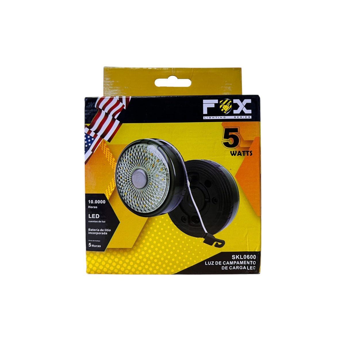Empaque FOX SKL0600 que identifica una luz LED de campamento recargable