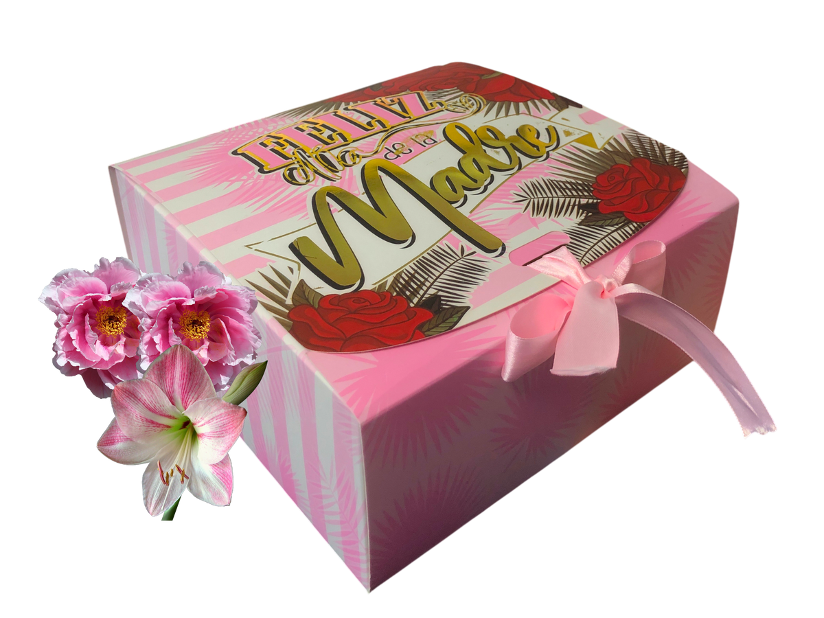 Caja de regalo para el Día de las Madres, rosada con lazo, flores y mensaje festivo.