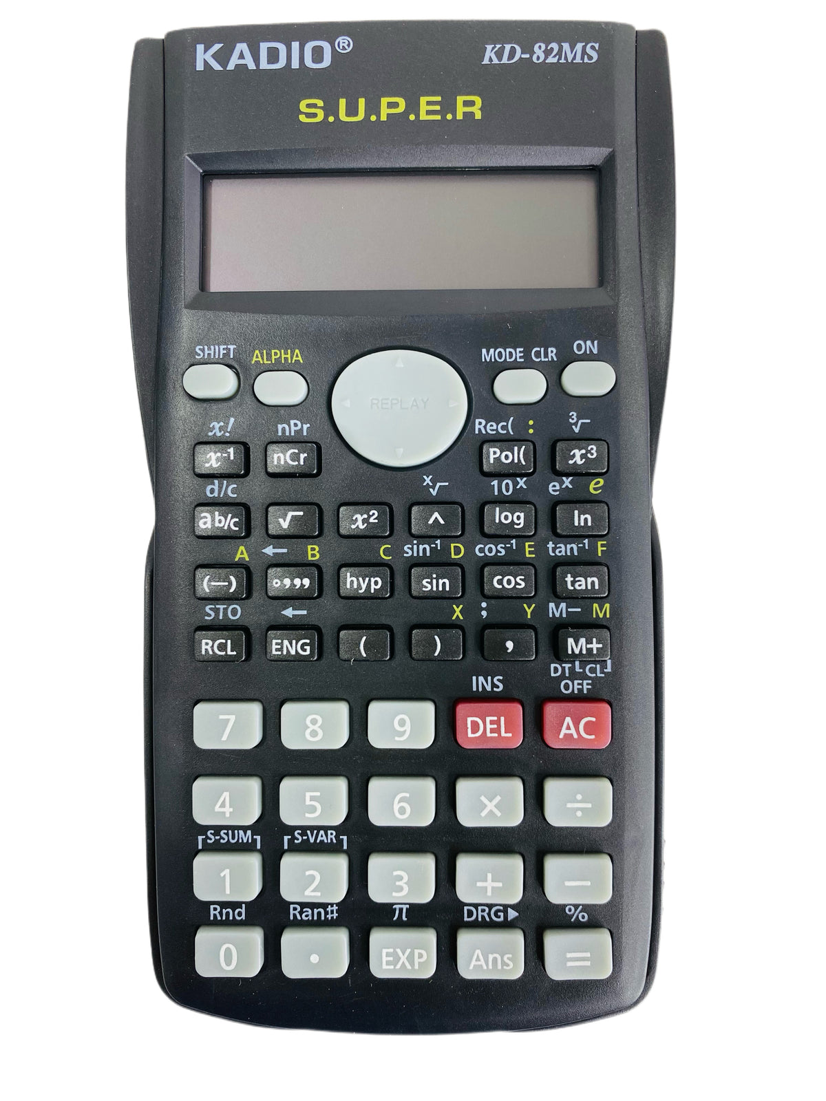 Detalle de pantalla y teclas de la calculadora científica KADIO KD-82MS.