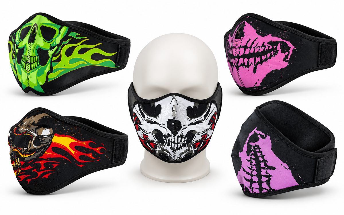 Máscara facial KX07 negra con estampado de calavera verde, vista frontal