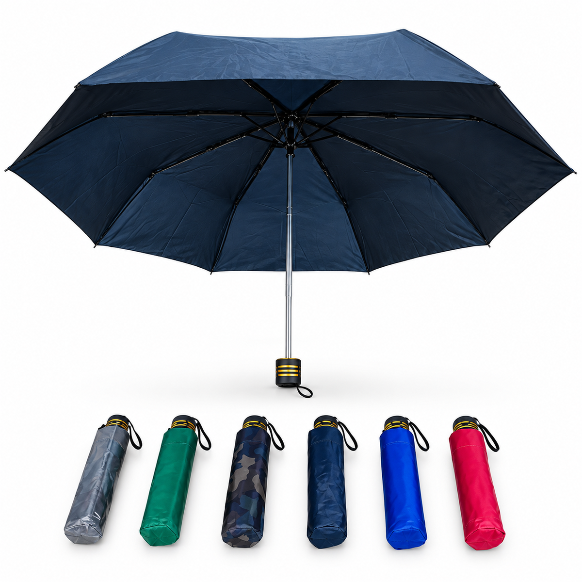 Sombrilla plegable azul abierta con fundas de colores en fondo blanco