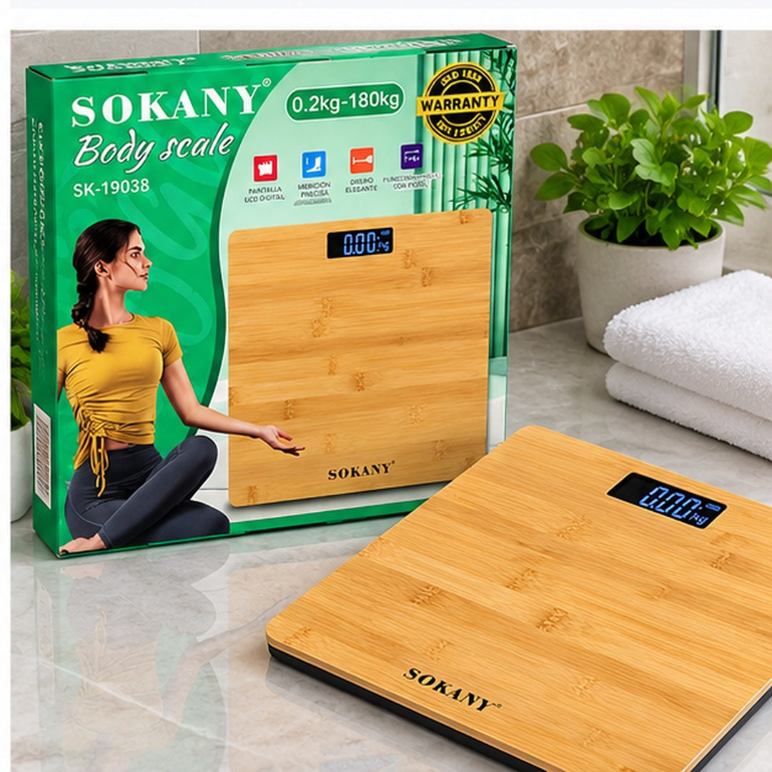 Báscula digital SOKANY efecto bambú y caja rotulada modelo SK-19038