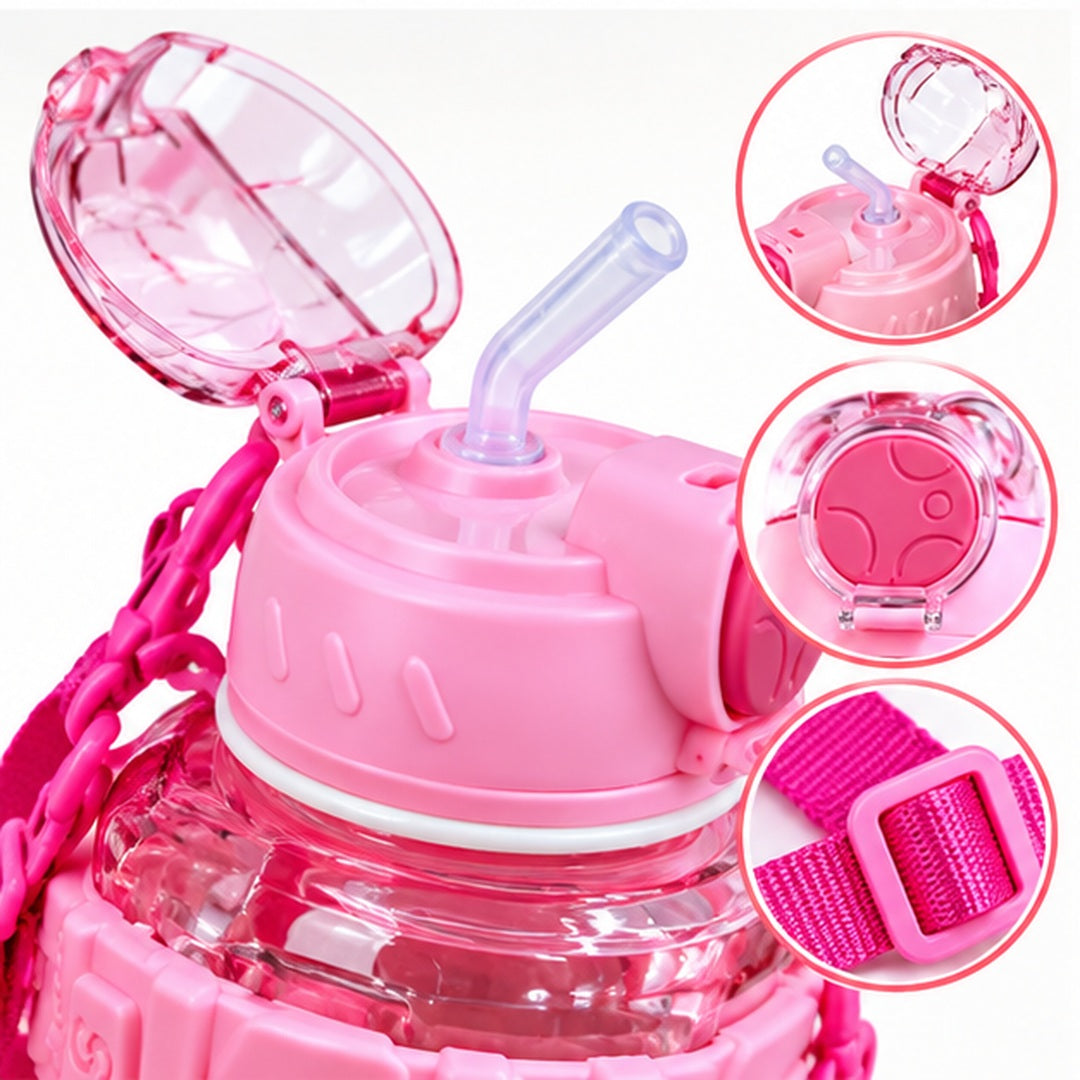 Detalle de la tapa abatible y pitillo de la botella infantil rosa con correa