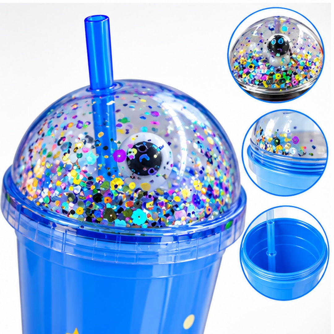 Detalle de tapa transparente con escarcha de vaso plástico espacial