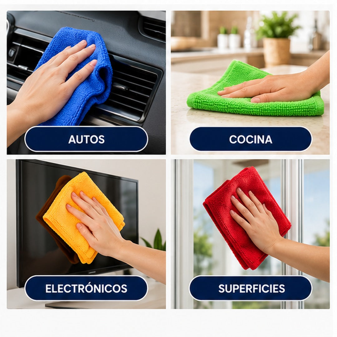 Paño de microfibra azul limpiando tablero de automóvil; otros paños se usan en cocina, electrónicos y superficies
