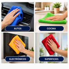 Paño de microfibra azul limpiando tablero de automóvil; otros paños se usan en cocina, electrónicos y superficies