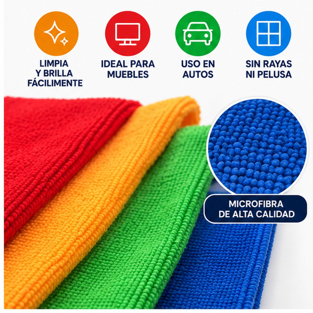 Detalle de la textura de microfibra de cuatro paños de limpieza de colores
