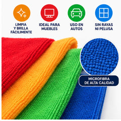 Detalle de la textura de microfibra de cuatro paños de limpieza de colores