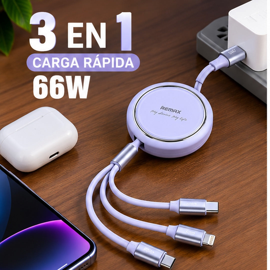 Cable retráctil REMAX RC-C029 lila 3 en 1 ambientado