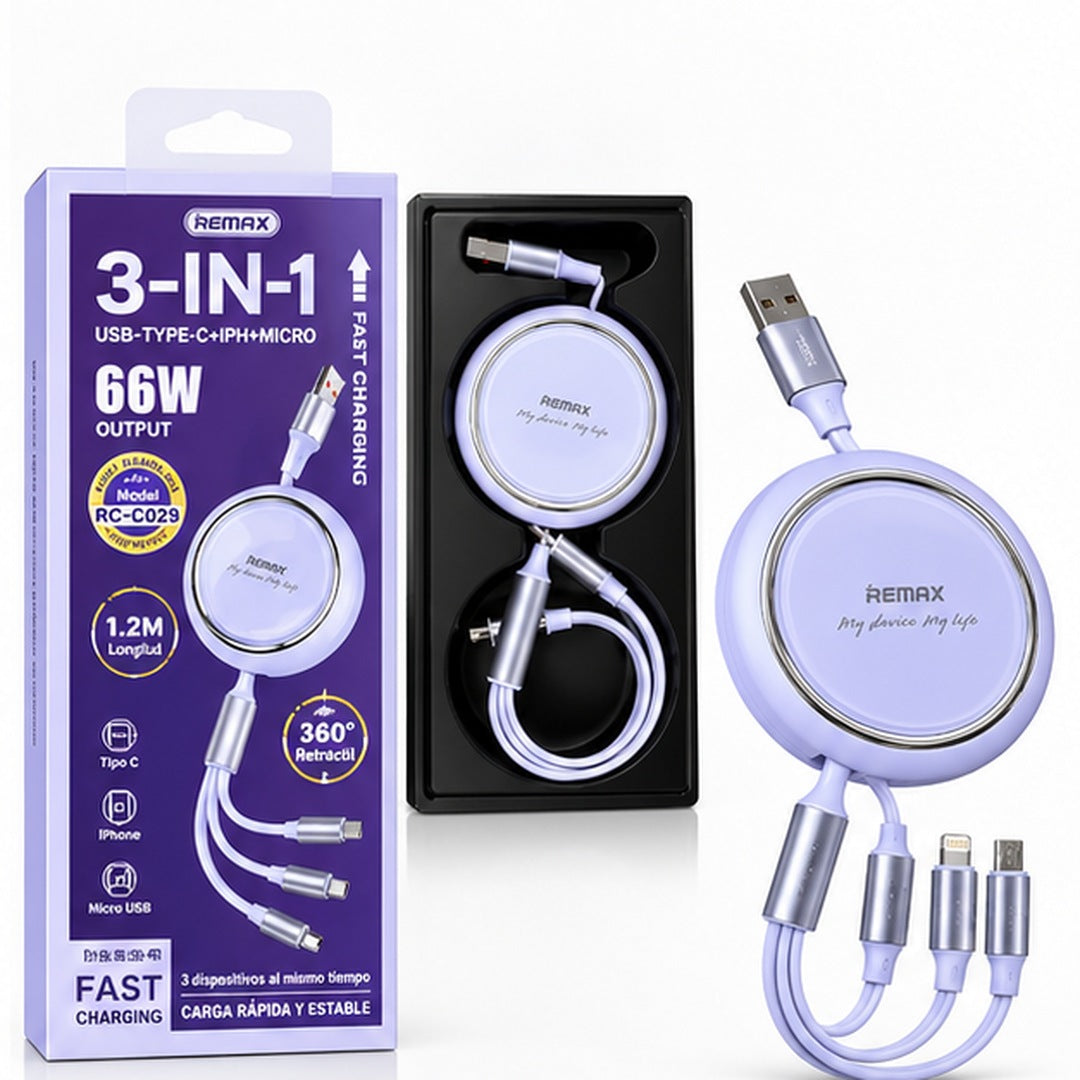 Cable REMAX retráctil 3 en 1 lila con empaque