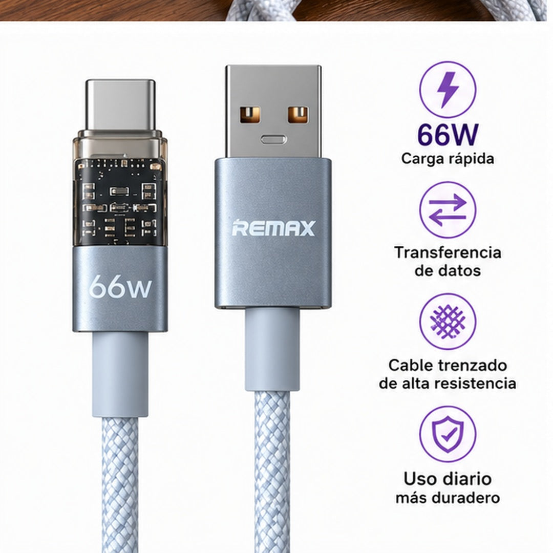 Detalle conectores USB-A y USB-C cable REMAX 66W