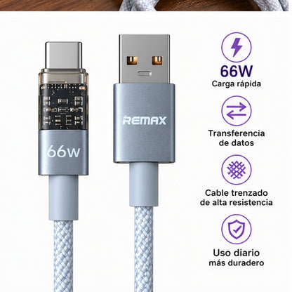 Detalle conectores USB-A y USB-C cable REMAX 66W