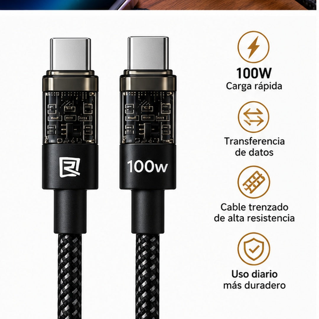 Detalle de conectores USB-C del cable REMAX 100W