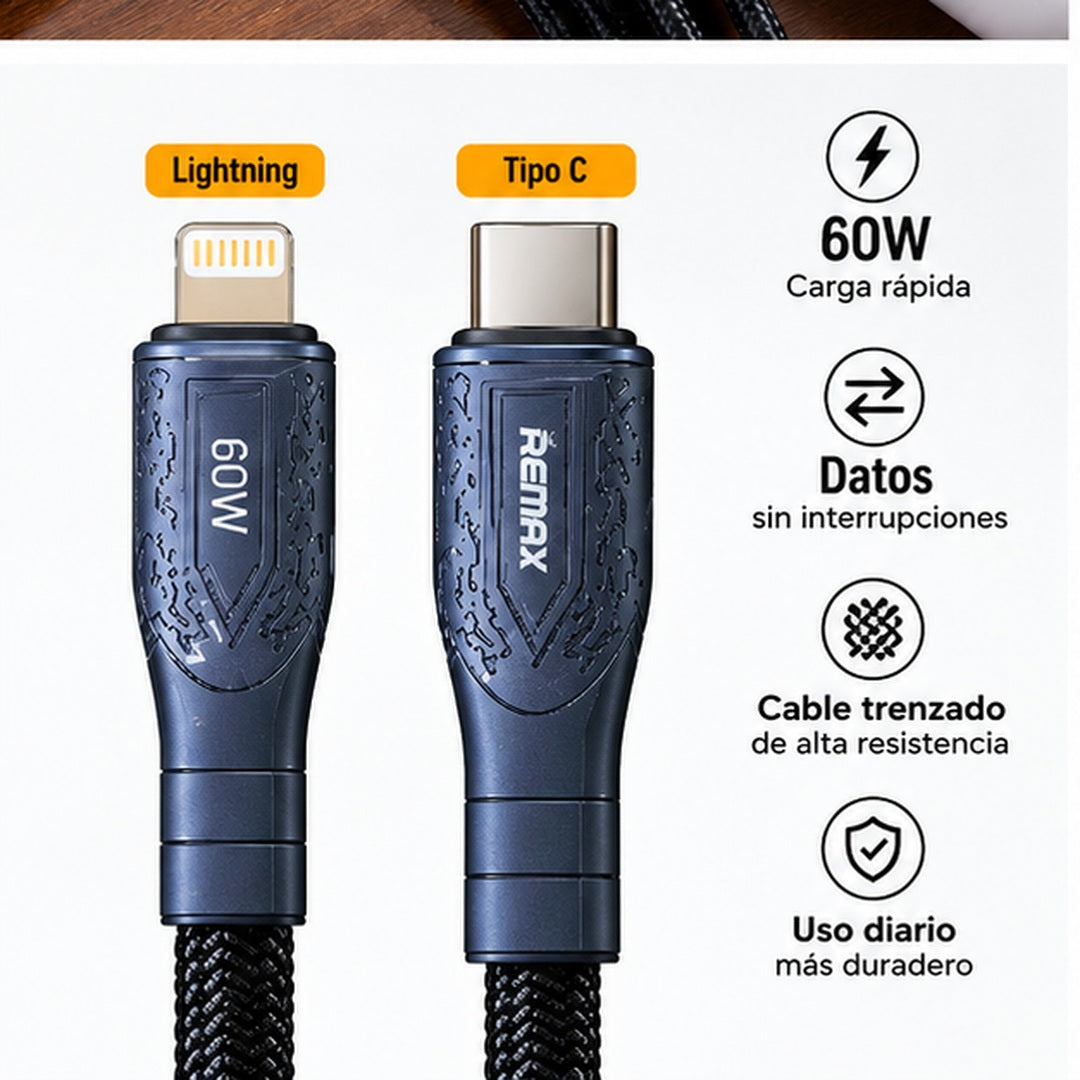 Conectores USB-C y Lightning del cable REMAX 60W