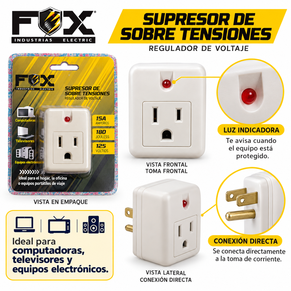 Protector FOX con indicador luminoso enchufe y toma eléctrica
