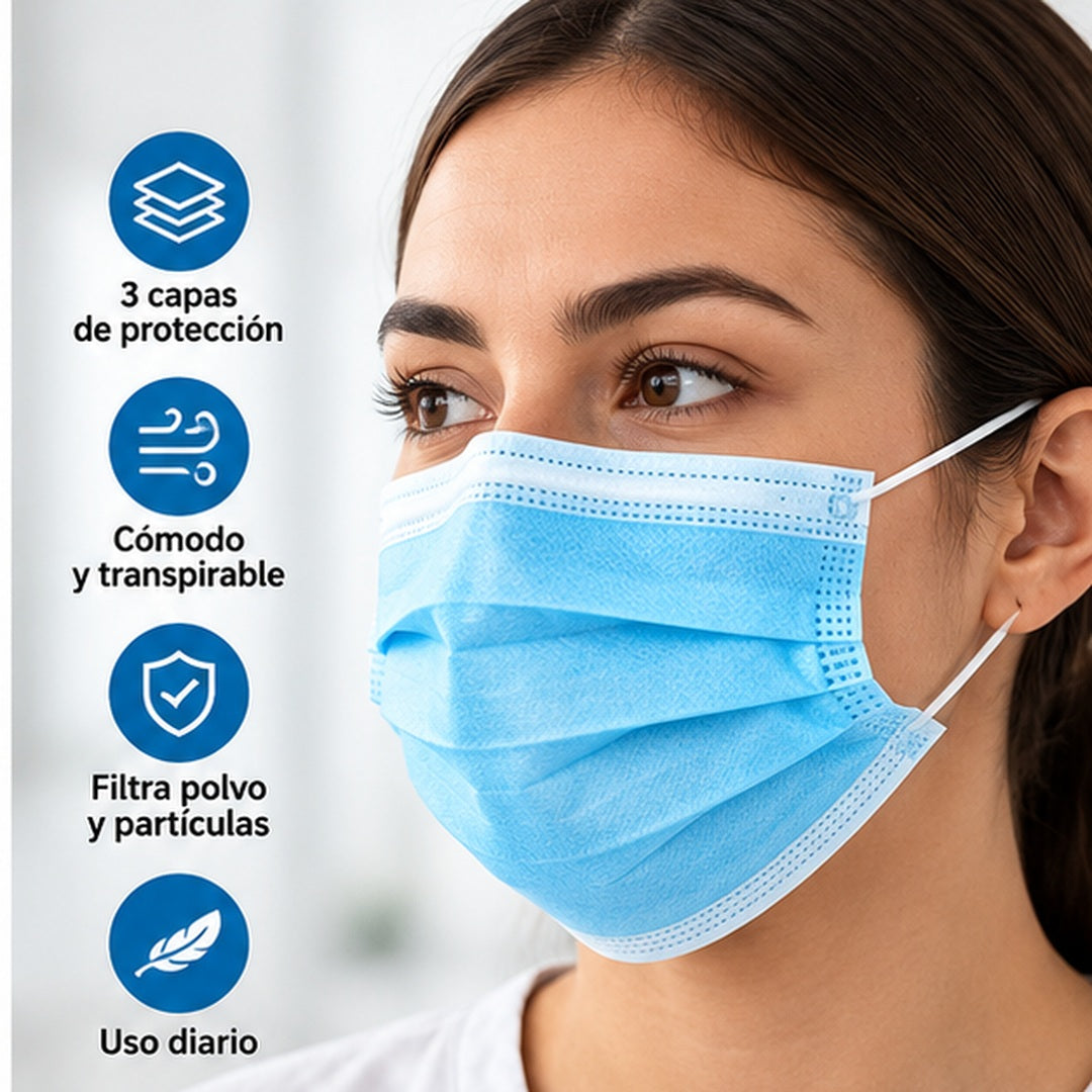 Tapabocas desechable azul colocado en el rostro, vista de ajuste sobre nariz y boca