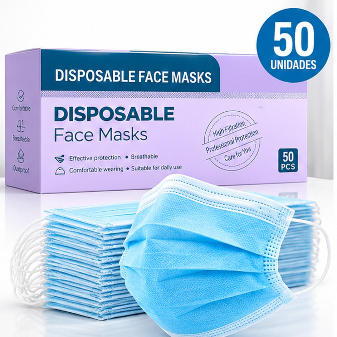 Caja lila de 50 tapabocas desechables junto a mascarillas azules apiladas