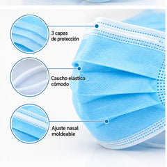 Detalle del tapabocas azul de tres capas con elásticos y ajuste nasal moldeable