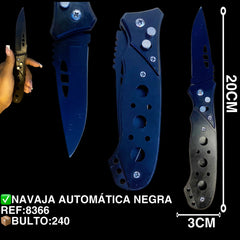Navaja automática negra abierta y plegada con medidas aproximadas de 20 por 3 centímetros