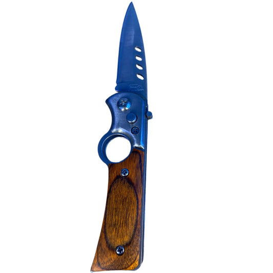 NAVAJA MANGO DE MADERA PLATA