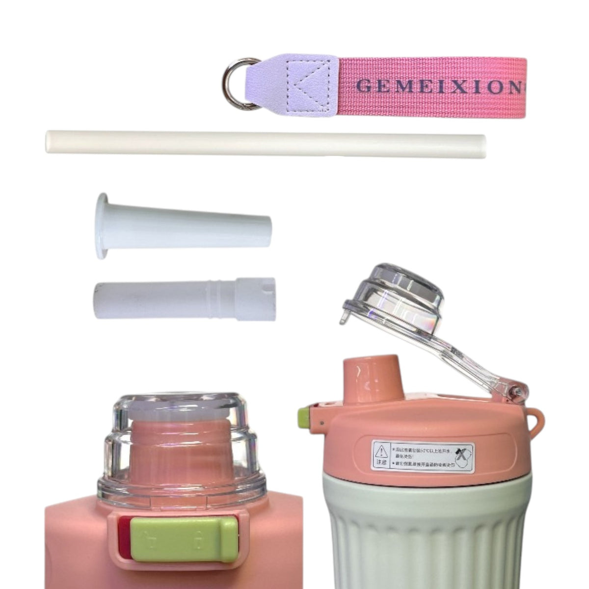 Detalle de la tapa, pitillo y correa del termo térmico rosa y blanco