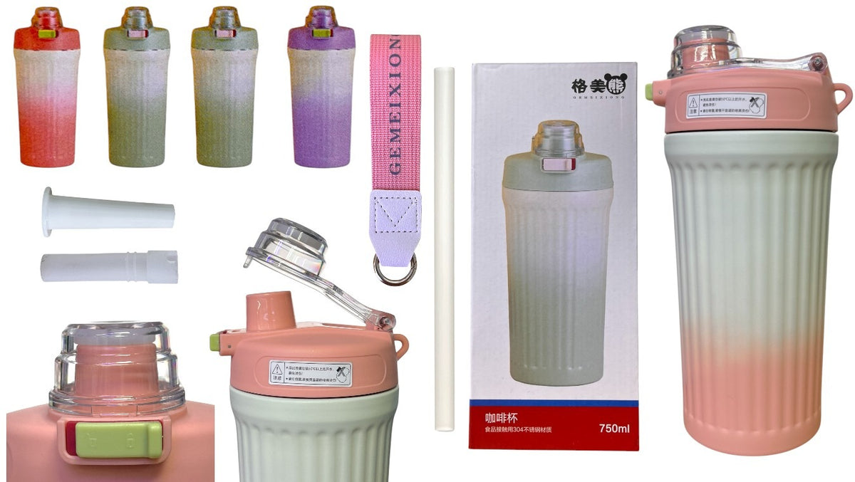 Termo térmico grande rosa y blanco de 750 ml con empaque