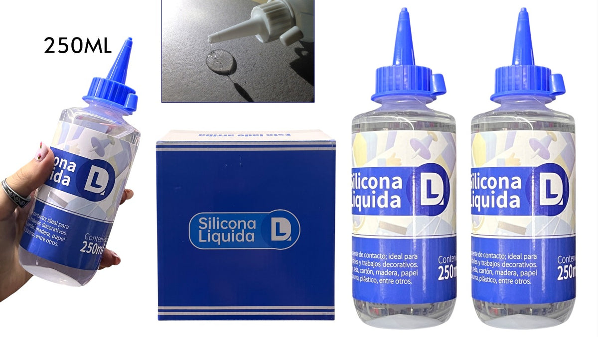 Botellas de silicona líquida y caja con capacidad indicada