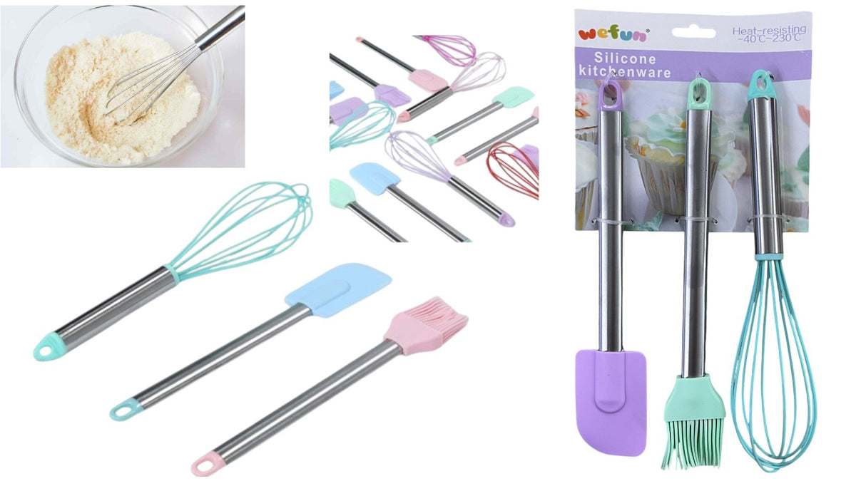 Utensilios de repostería de colores con batidor, espátulas y brochas