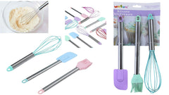 Utensilios de repostería de colores con batidor, espátulas y brochas