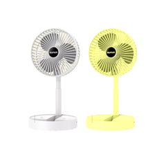 Ventilador portátil de escritorio disponible en color blanco y amarillo, vista frontal.